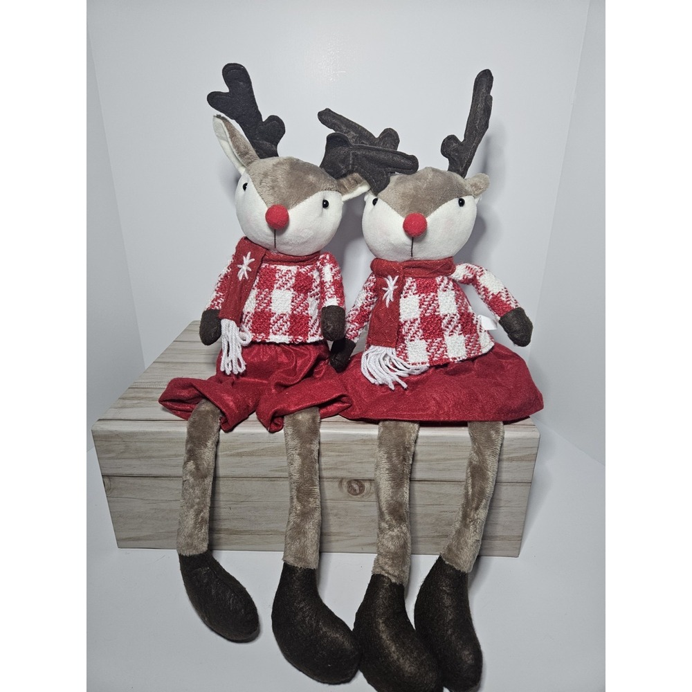Christmas Plush Reindeer Figurines Set of 2 Shelf Sitters Boy Girl Plaid Holiday